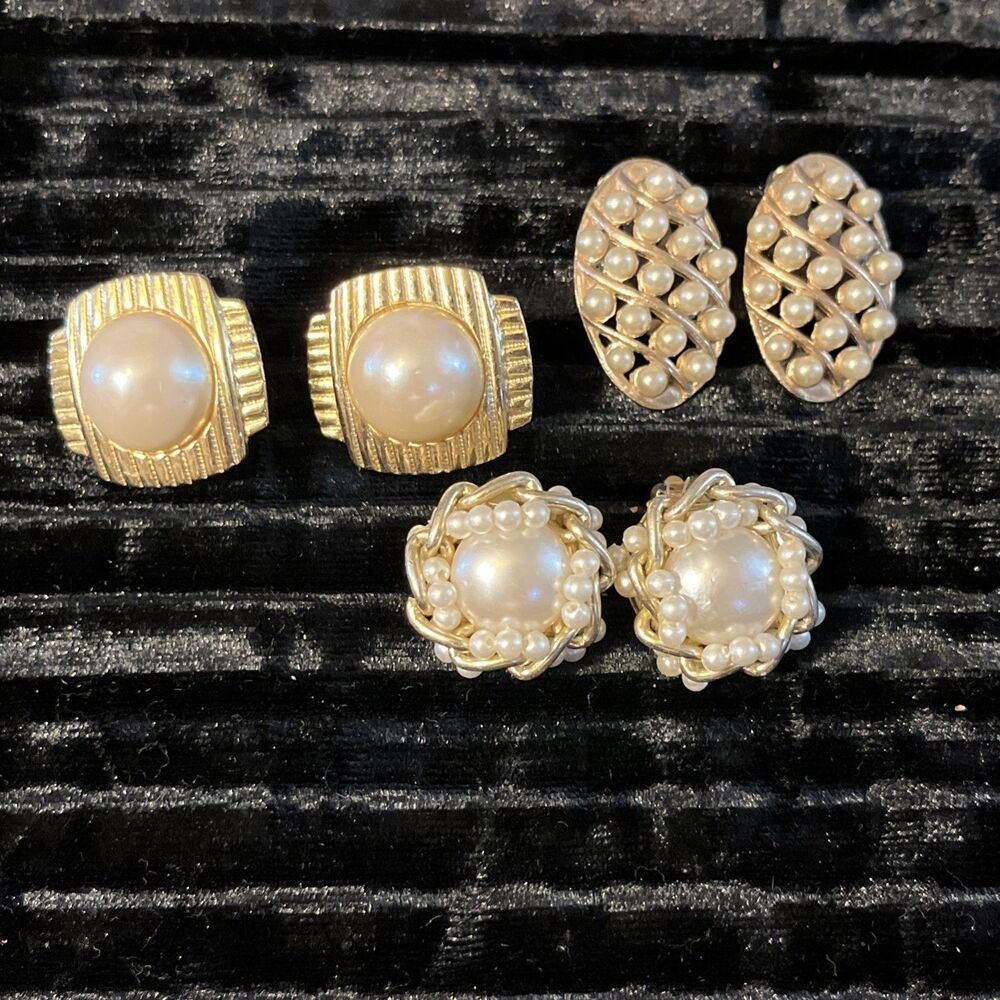 3 Pairs Of Goldtone Faux Pearl & Cabochon Clip On Earrings Elegant Classic